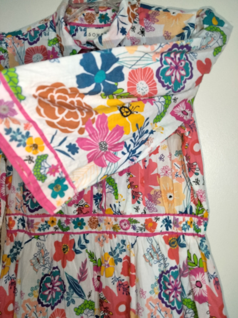 Sohana (Sz M) Multicolor Floral PuffSS Midi Dress in White, Pink & Yellow Blooms - Picture 5 of 15